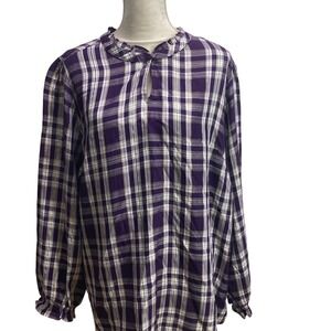 NWT D & Co Plaid Blouse Ruffle Neck Long Sleeve Keyhole Top‎ Purple Gold 1X
